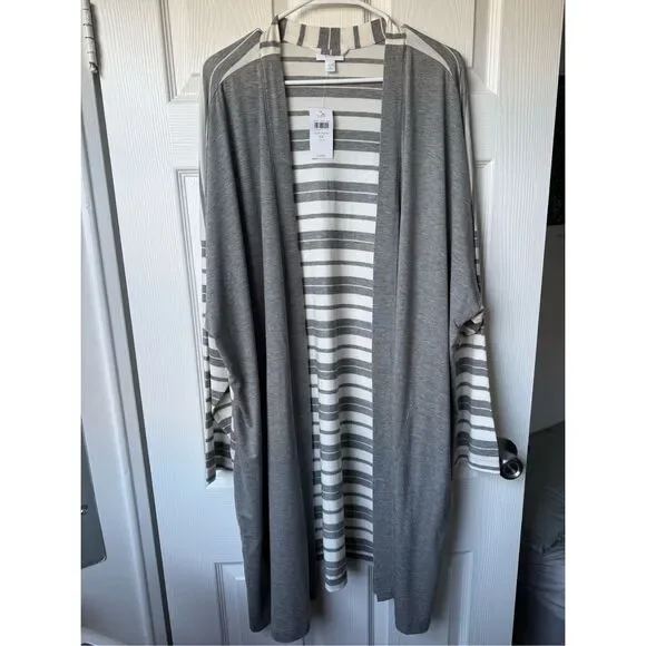 Pure Jill 4X Gray White Stripe Lightweight Open Front Cardigan Sweater Stretch - Picture 2 of 6